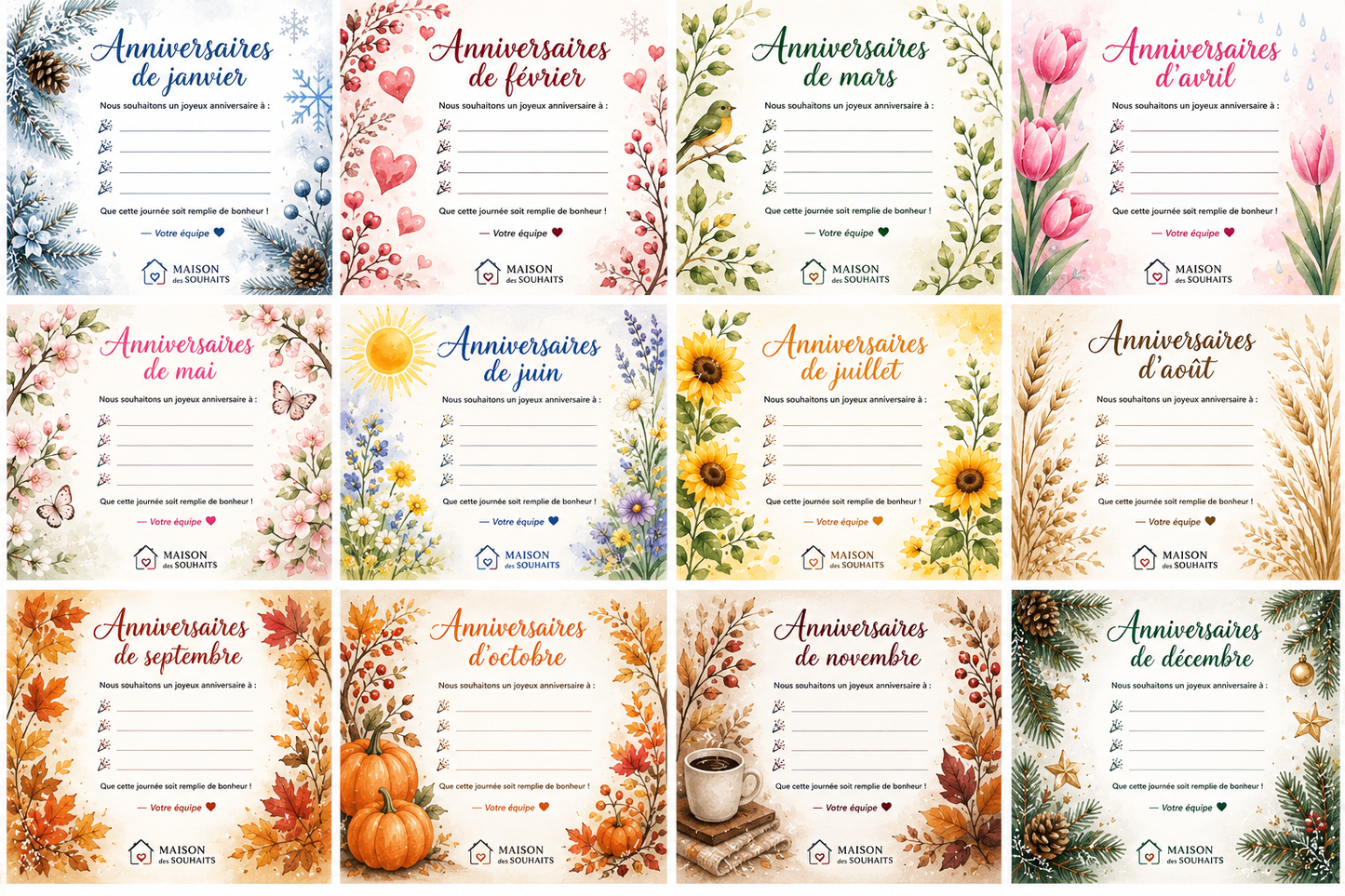 🎉 Collection de 12 cartes d'anniversaires de janvier à décembre - Numériques